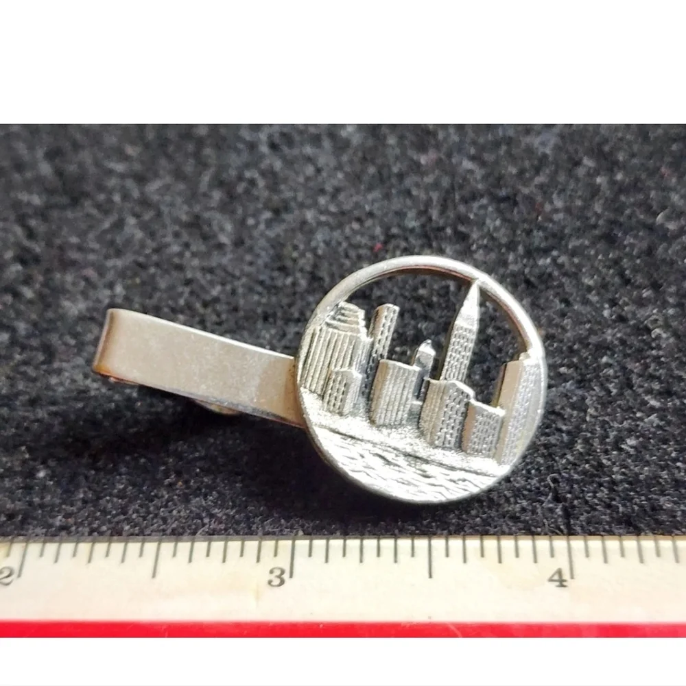 Vintage Swank Pewter City Skyline Tie Clip Clasp Silver Tone Used